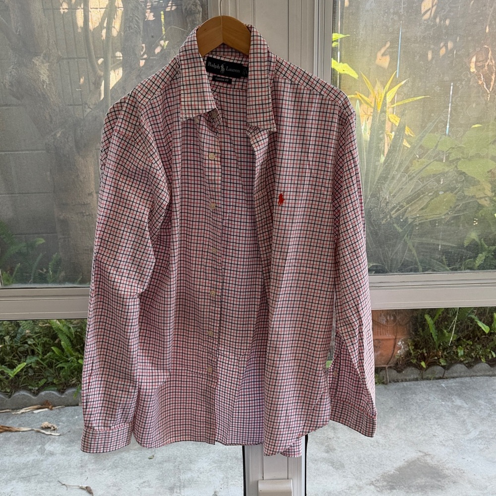 Ralph Lauren Men's Red and White Checked Button-Down Shirt